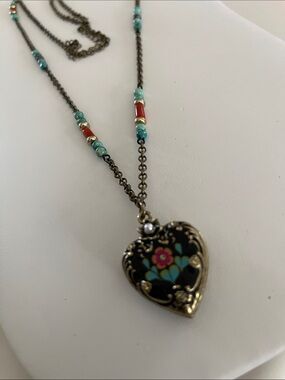 Vintage-Inspired Black Heart Locket Necklace with Turquoise and Coral Beads
